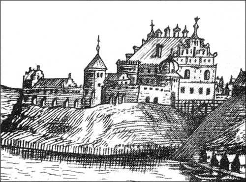 Гарадзенскі замак на гравюры М. Цюндта 1568 г. Гродна.  Стары замак