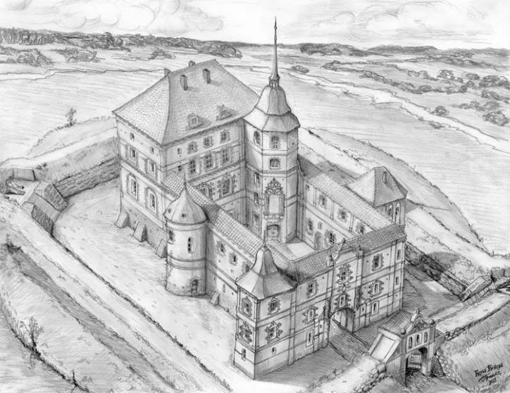 Reconstruction of the castle in Smalany. Made on the basis of the excavation plan (1991-93 years), drawing by Y.Pieszka and ruins of the central tower. Author - Siargiej Pryschep Smalany.  White Kovel Castle, ruins