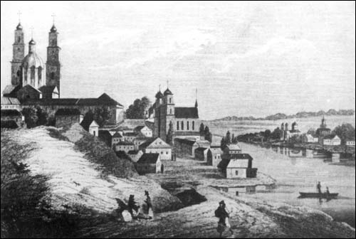 Połock na obrazie z końca XVIII w. W centrum kościół franciszkanów p. w. Świętego Antoniego; z lewej strony kościół jezuitow - Św. Stefana Połock. Klasztor franciszkanów