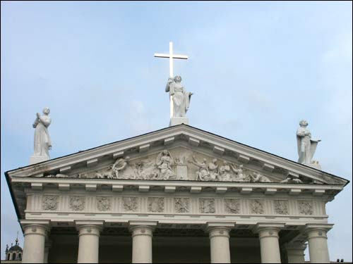 West facade. Pediment Vilnius. Catholic church Cathedral