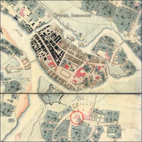  - Kościół Niepokalanego Poczęcia NMP i klasztor Bernardynek. Kompleks na mapie Brześcia z 1823 r. (Z archiwum I. Ławrowskiej)