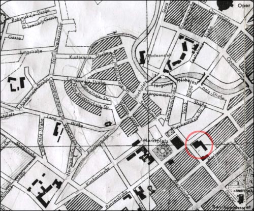  - Kościół i klasztor Dominikanów. Niemiecka mapa Mińska z 1942 roku; jedna z ostatnich, na której jest zaznaczony kompleks klasztorny